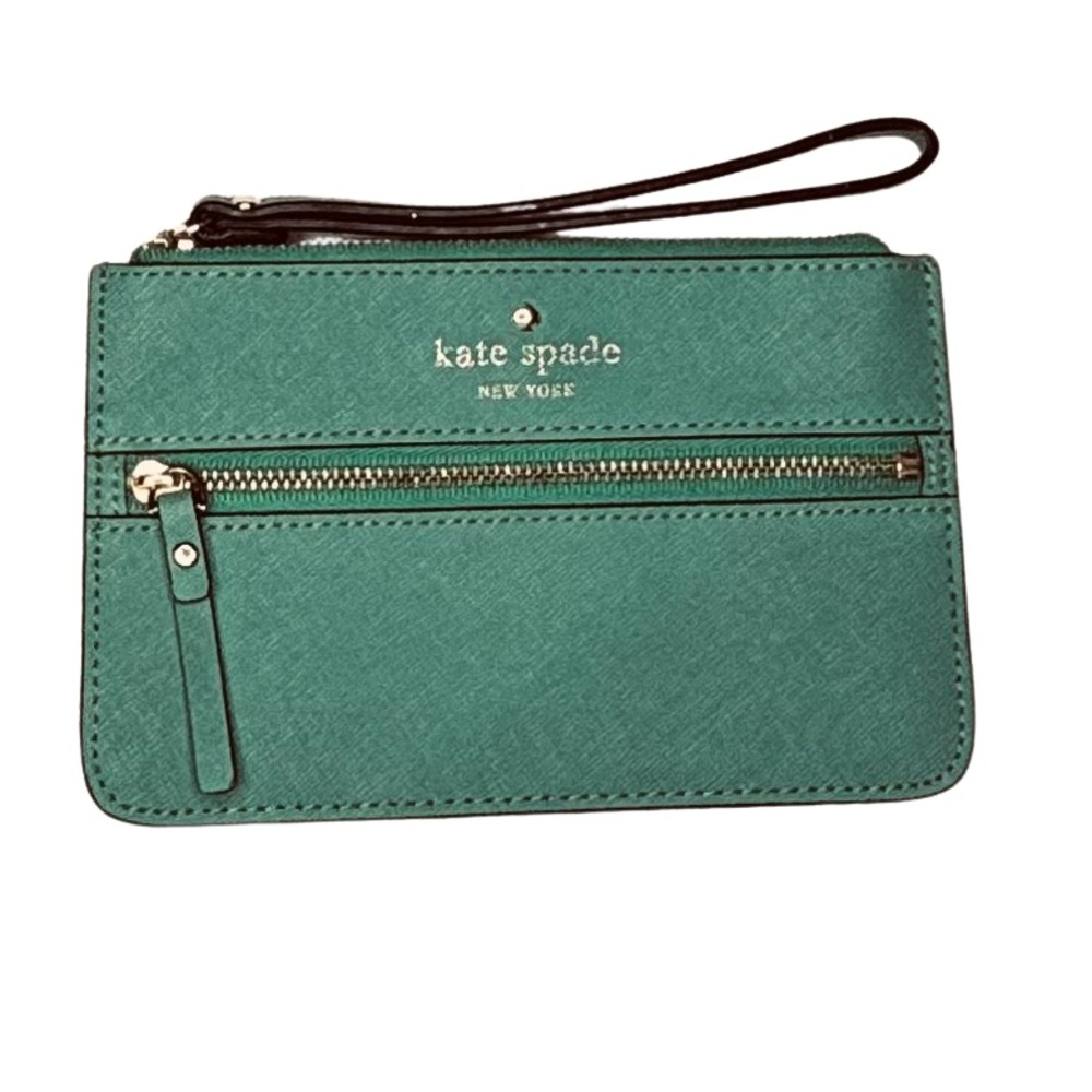 KATE SPADE Mikas Pond Bee Wristlet Green Leather Gold hardware in EUC - Picture 2 of 7